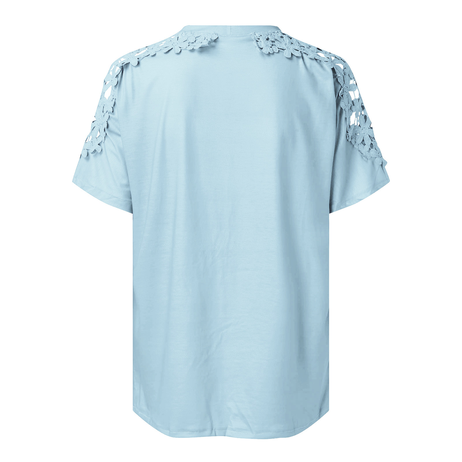 thumbnail image 5 of Top de manga corta de encaje y croché para mujer - Blusa informal de cuello redondo, poliéster, diseño con hombros al aire, corte holgado, ropa de primavera/verano, tallas S-XXL, contorno de pecho, 5 of 5